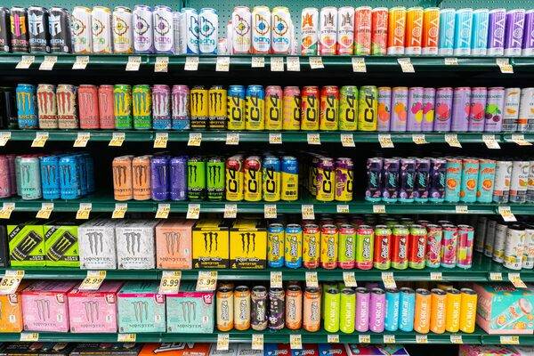 Energy drinks on shelves
