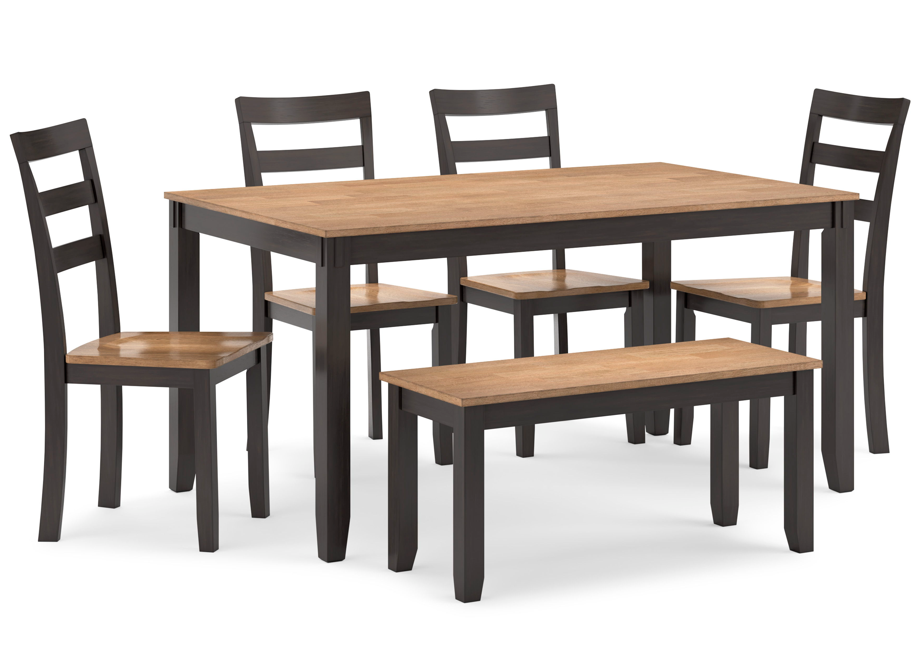 Dining table set with six chairs and a bench.