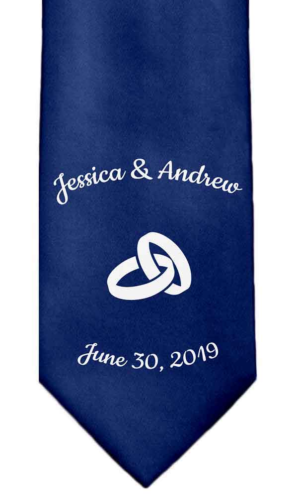 Custom necktie with bride and groom's names, wedding date and a wedding rings