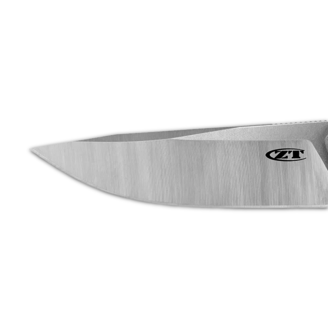 Close-up of a stainless steel knife blade.