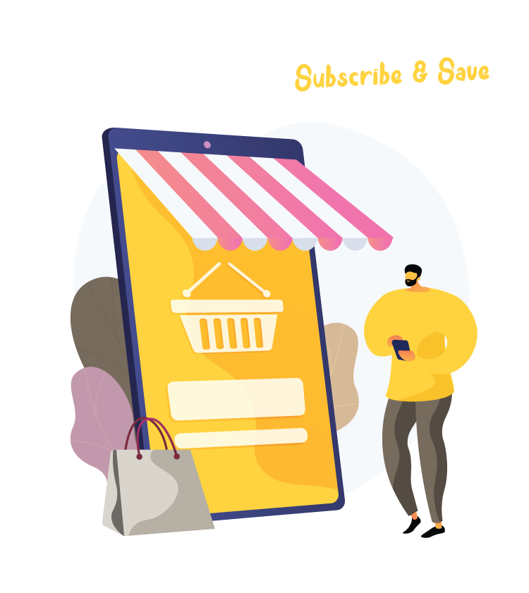 Purovitalis Subscribe & Safe Illustration d'un homme faisant du shopping