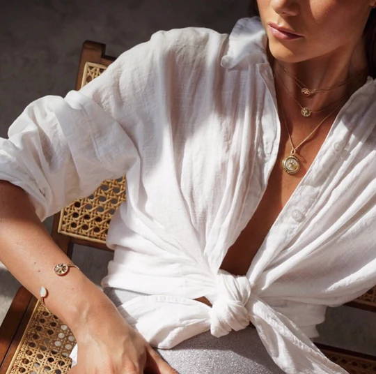 Stephanie Waxberg Wears Soru Jewellery 18ct gold plated silver and mother of pearl necklace 