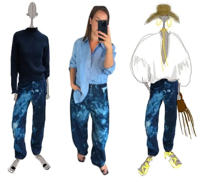 Fashion illustration featuring three figures in galaxy print pants.