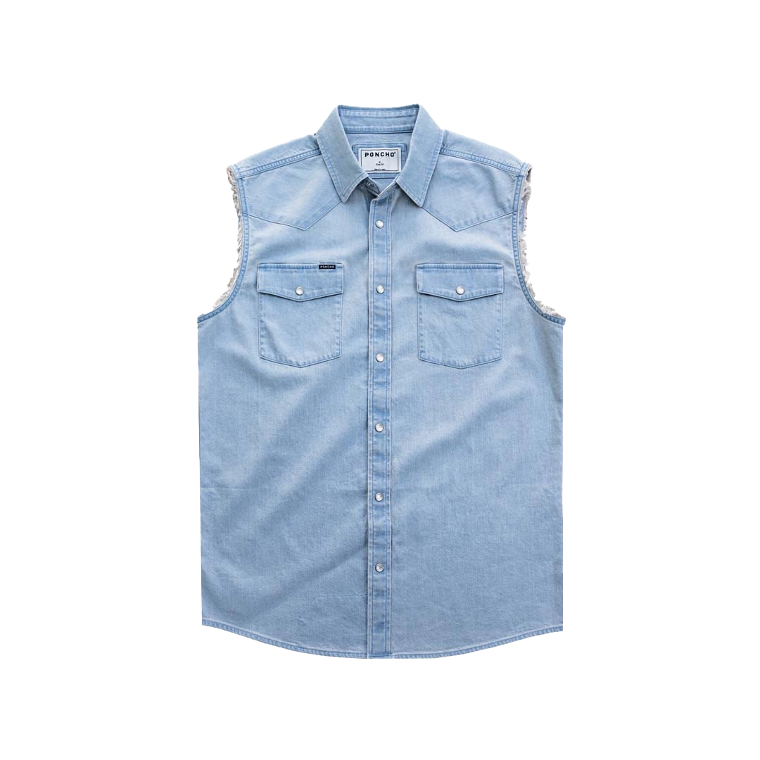 Light blue sleeveless shirt with two front pockets and a button-up design.