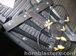 Three black Shocker XL train horns brass manifold black air lines truck bed liner mounting bracket Lance's 1999 Tundra install gallery photo 2