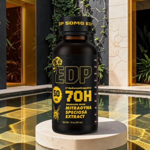 Black supplement bottle with yellow text on a decorative background.