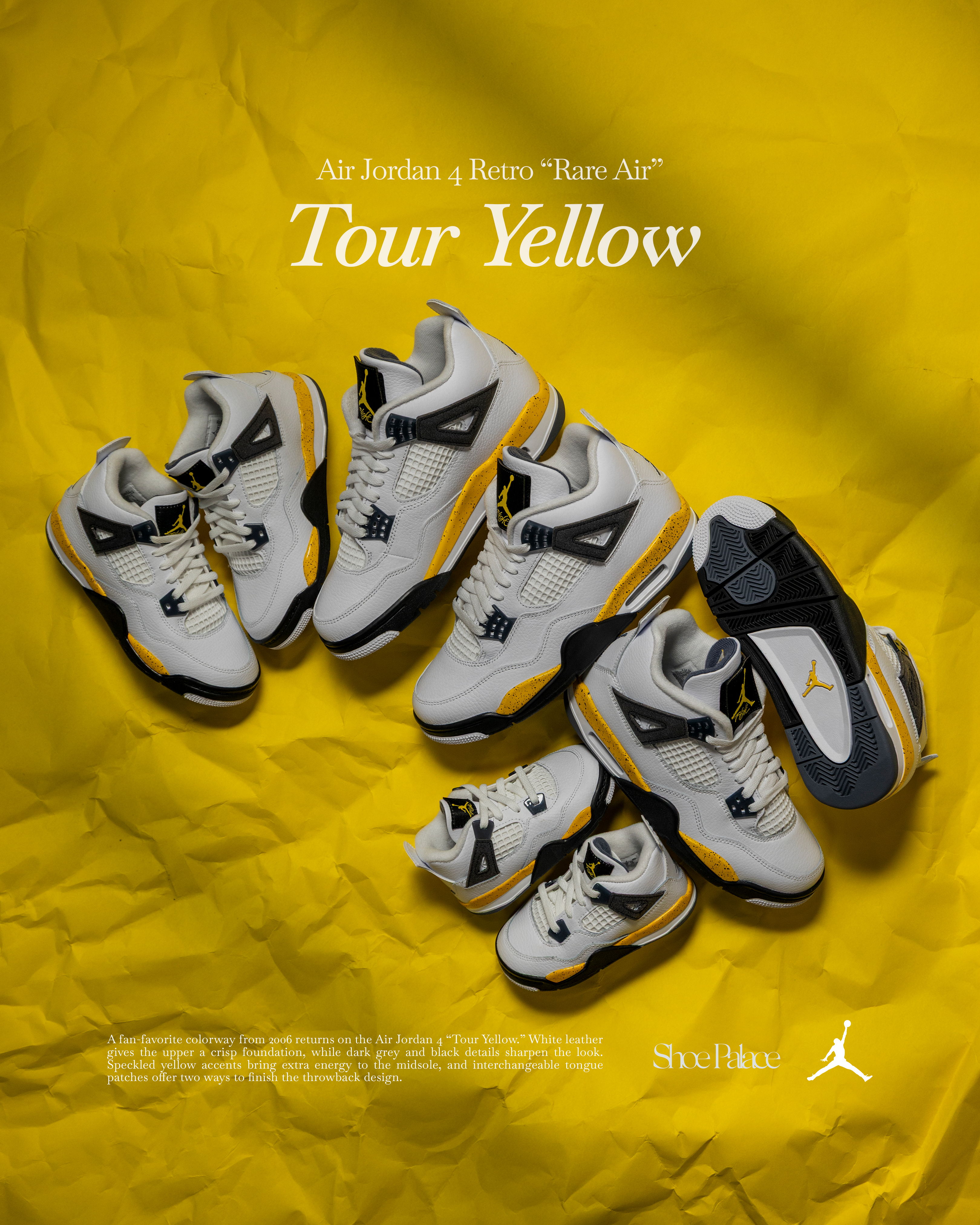 Collection of Jordan shoes on a yellow background with 