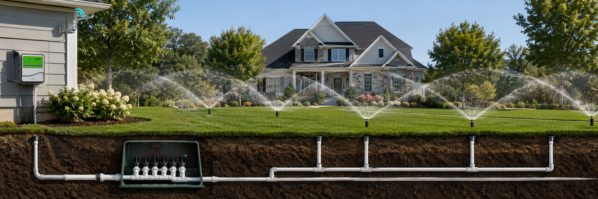 Irrigation system with sprinklers, house, and underground piping illustration.