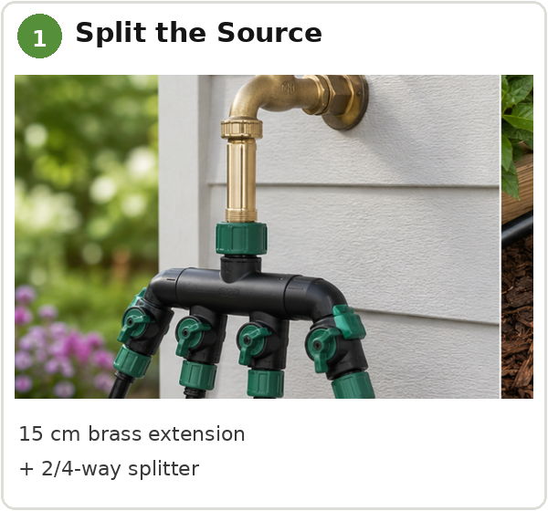 Brass extension with a 2/4-way splitter for water source management.