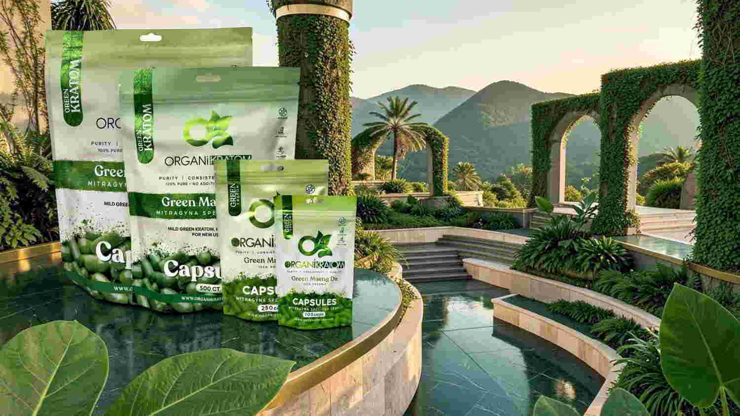 Product packaging displayed in a serene garden setting with mountains in the background.