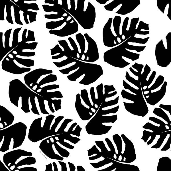 Oversized monstera leaves outlined in black are layered atop classic white or classic black print by Ala von Auersperg