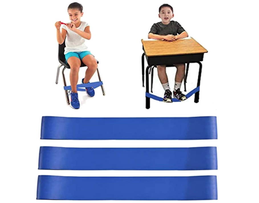 Chair fidget band, sensory fidgets for the classroom, boy and girl using chair fidget band