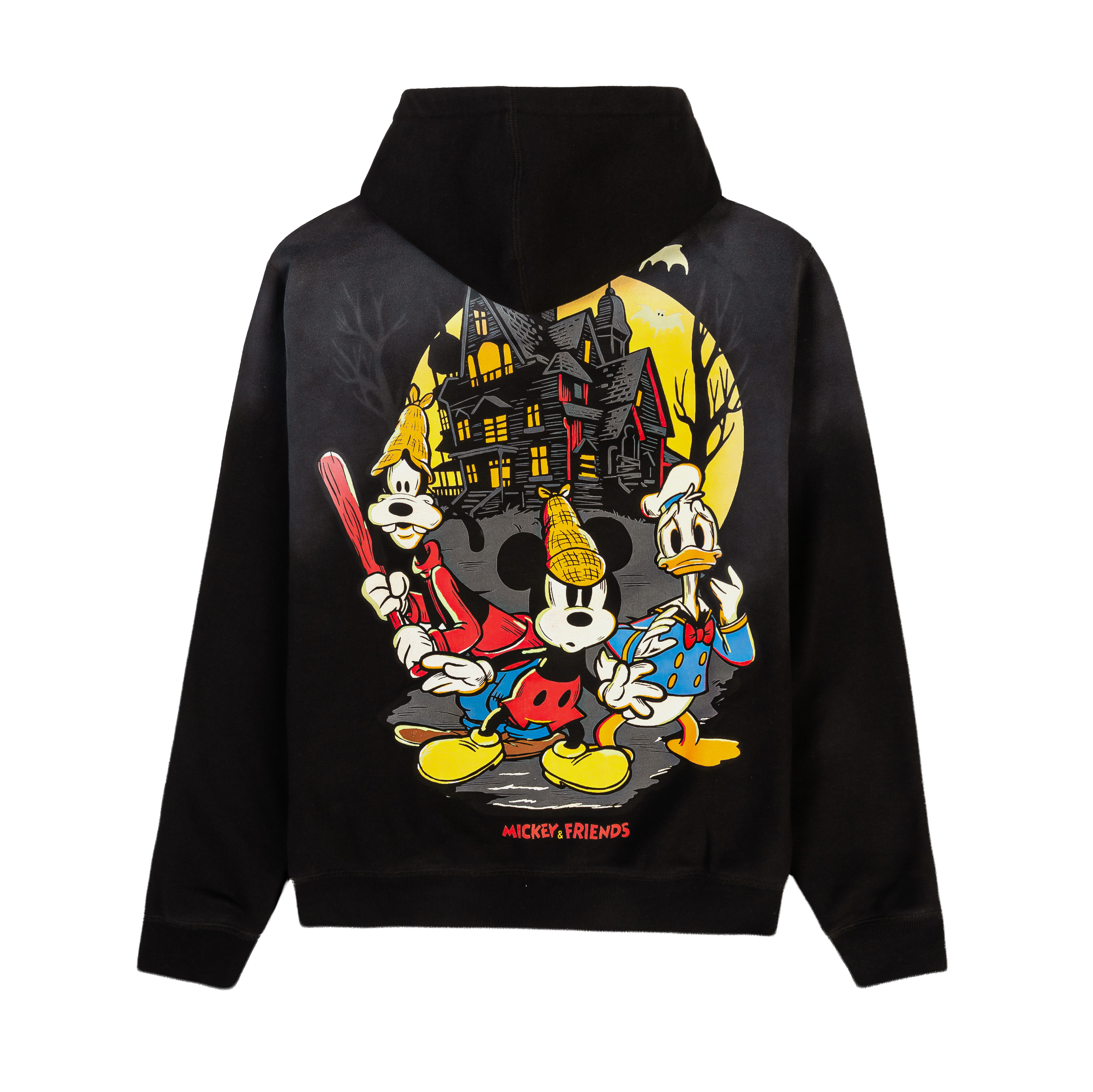 Black hoodie with a Mickey Mouse graphic and logo.