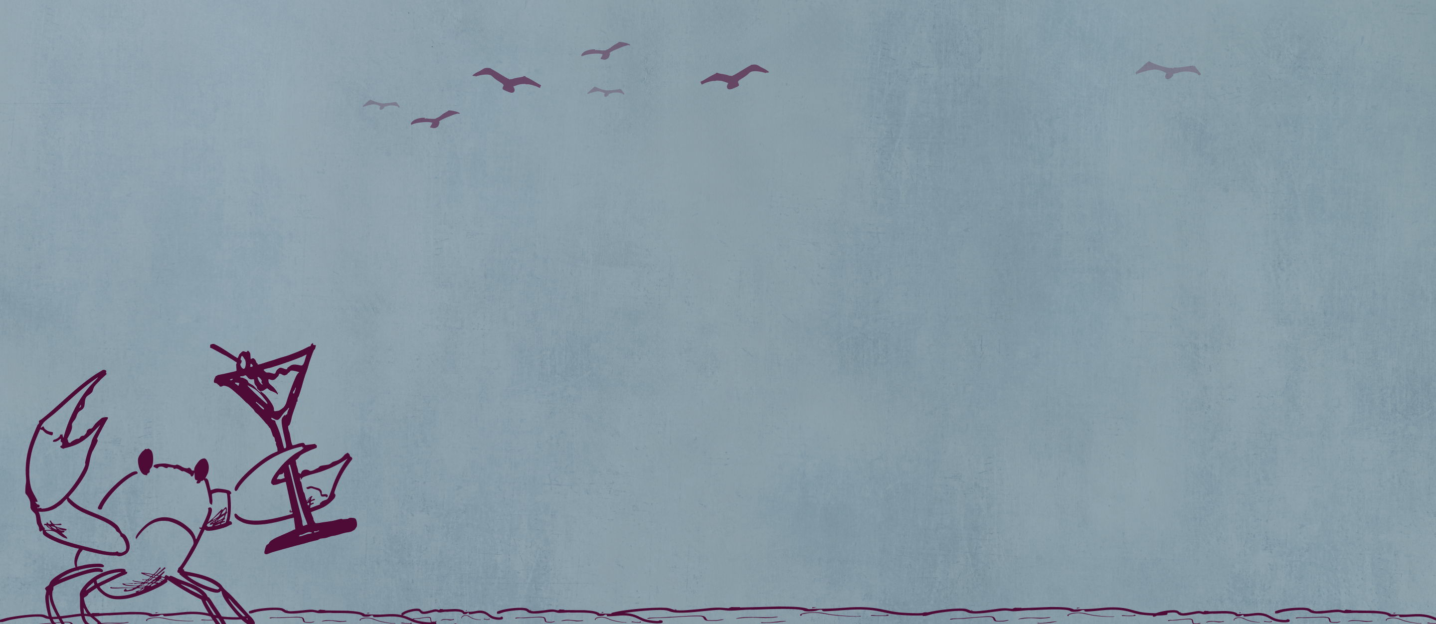 A crab holding a cocktail glass under a blue sky with birds.
