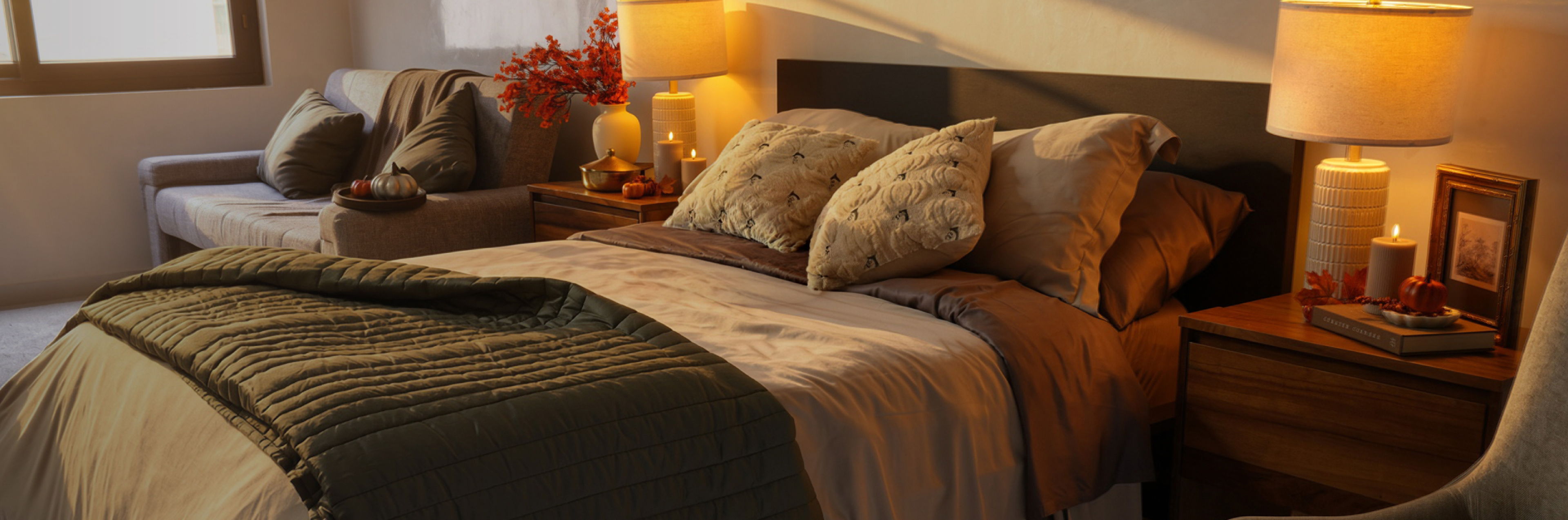 a bed with tan colored sheets in a bedroom with fall decor