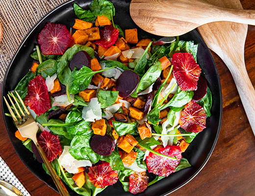 Chocolate Persimmon and Roasted Beet Autumn Salad with Blood Orange Vinaigrette