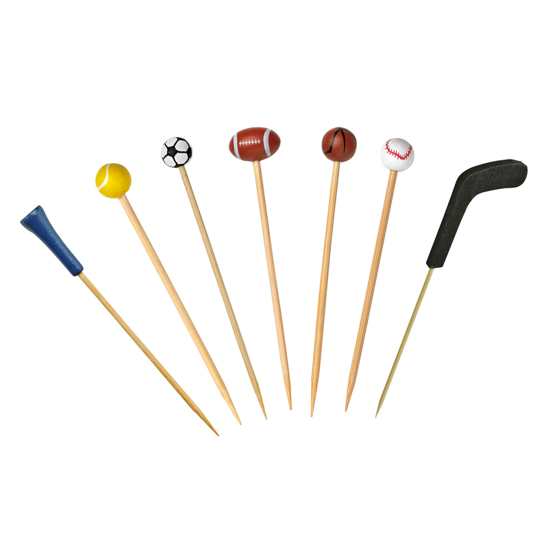 Skewers with various sports themed designs on the tip