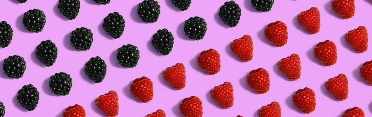 blackberries and raspberries lined up in diagonal lines with a pink background