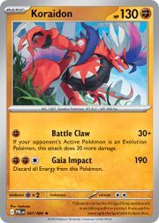 Koraidon Pokémon card with abilities and damage values displayed.