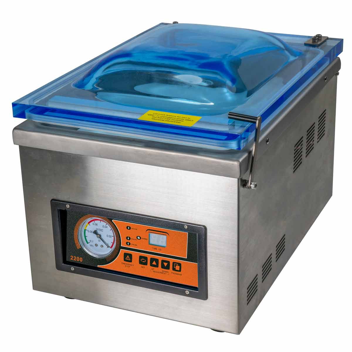 Stainless steel vacuum sealer with a blue lid and control panel.