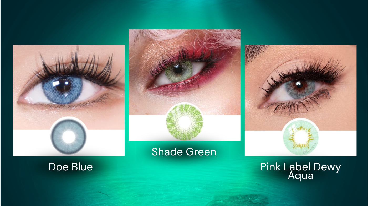 Princess Mera cosplay eye look featuring EyeCandys colored contact lenses in Doe Blue, Shade Green, and Pink Label Dewy Aqua for ocean-inspired eyes