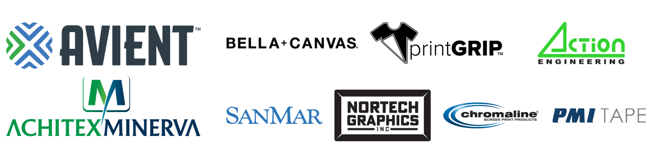 Sponsor panel featuring top-tier sponsors Avient and Achitex Minerva, along with Bella+Canvas, PrintGrip, Action Engineering, Sanmar, Nortech Graphics Inc., Chromaline, and PMI Tape.