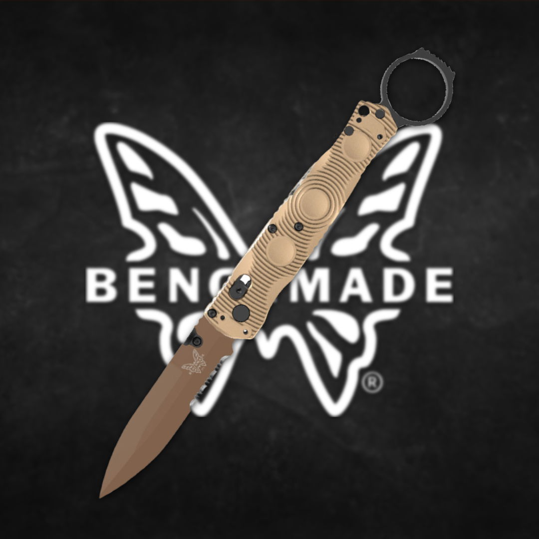 Butterfly knife with a brown blade and Benchmade logo in background.