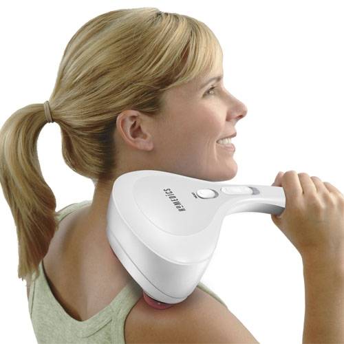 person using the Compact Percussion Massager Deep Tissue Handheld Massage with Heat on shoulder