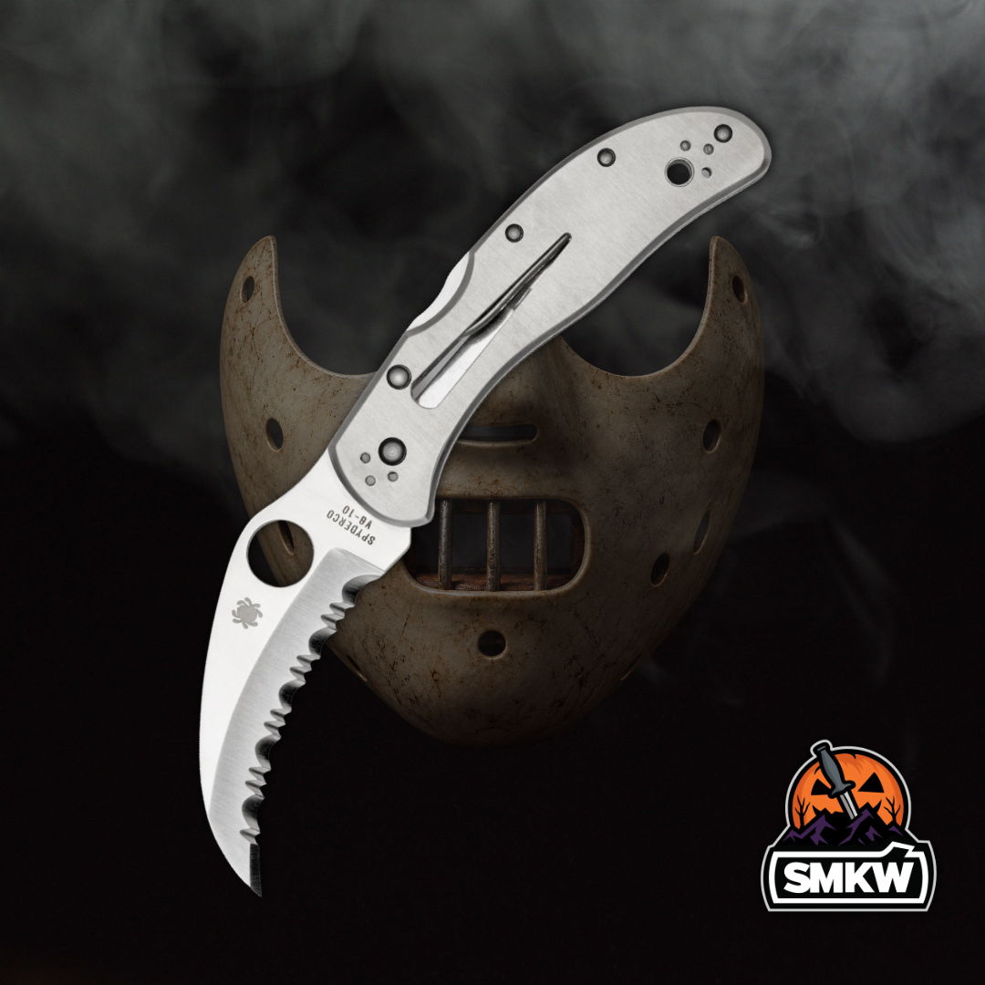 A folding knife with a serrated blade in a dramatic background.