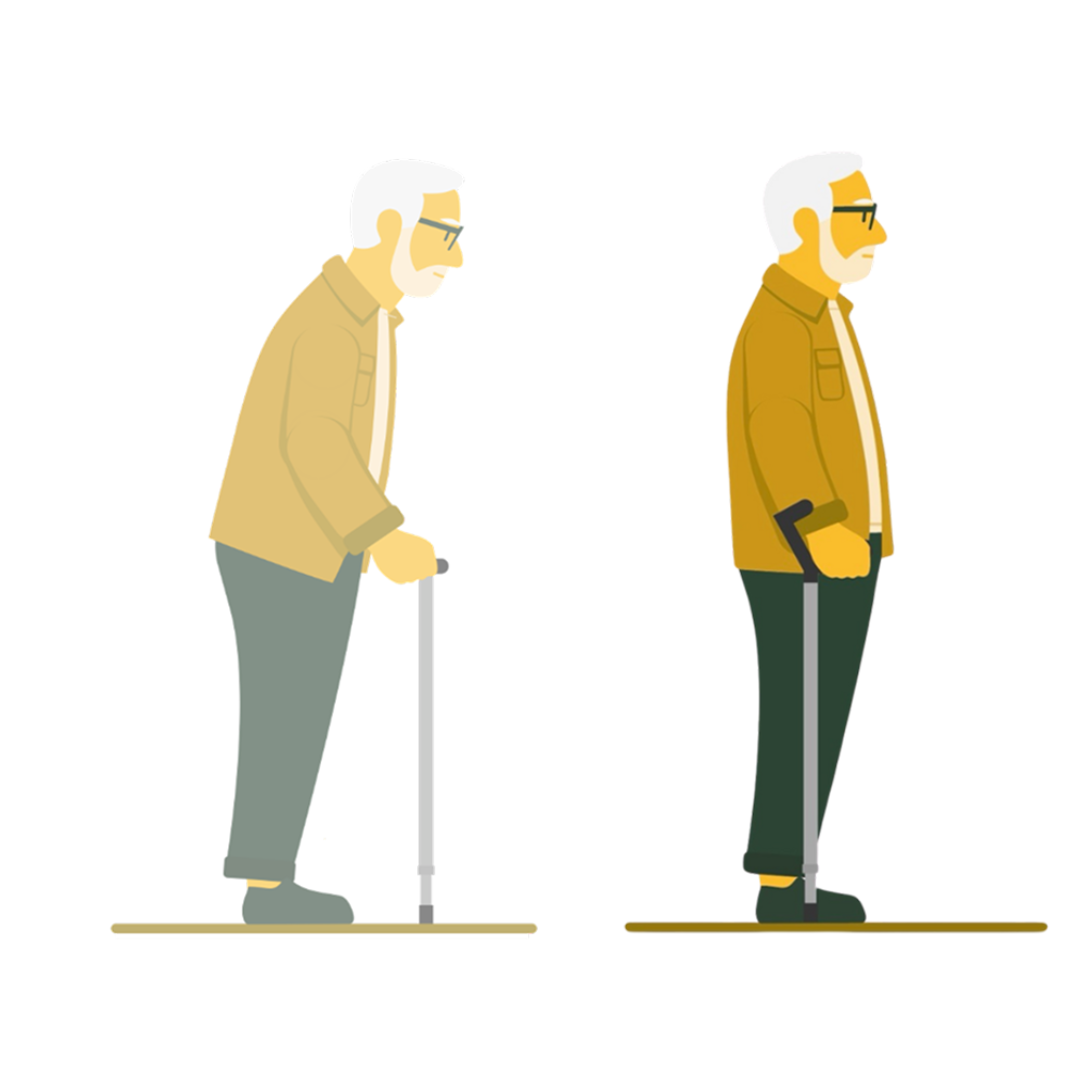 Side-by-side illustration comparing a man hunched over a traditional cane with the same man standing upright using the Y-Cane