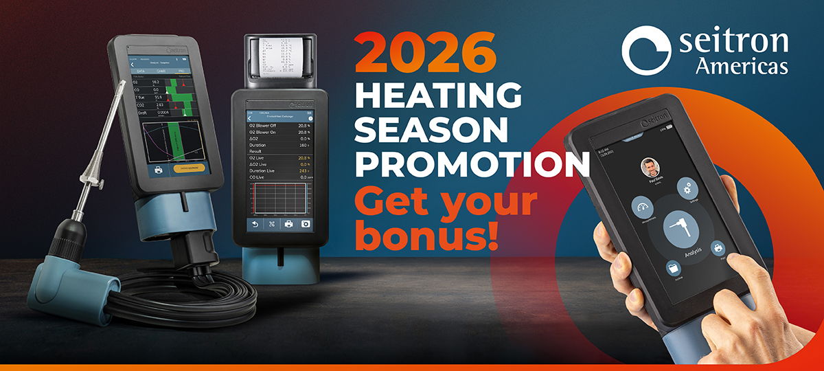 Seitron 2026 Heating Season Promotion featuring NOVO-1 and NOVO-1P combustion analyzers — get your bonus.