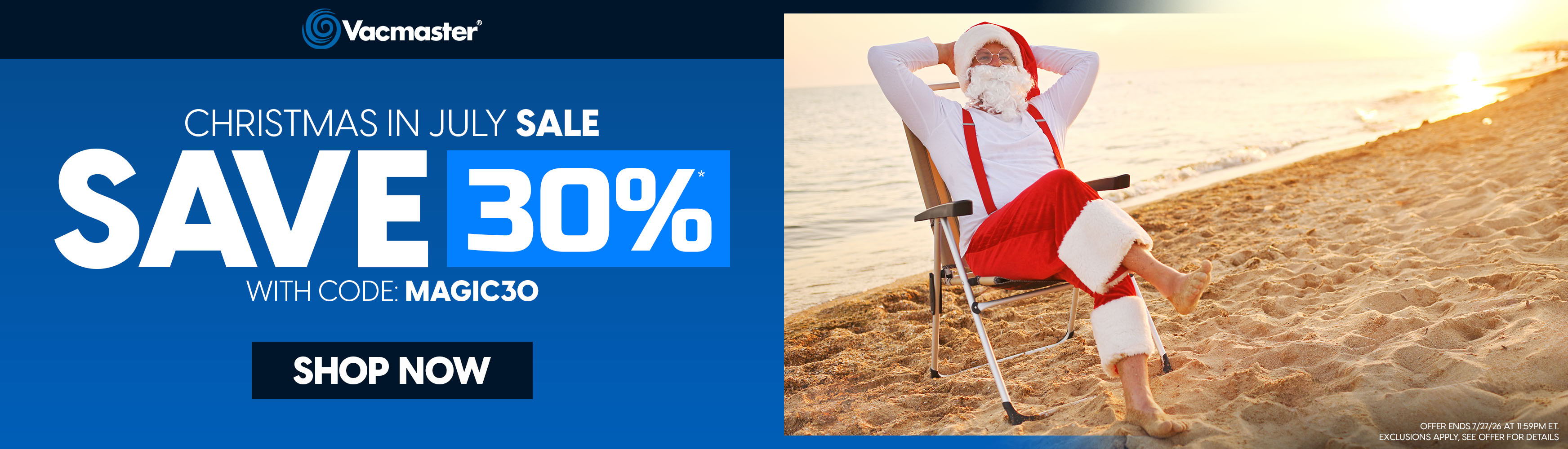 Christmas sale advertisement with a beach scene and a discount offer.