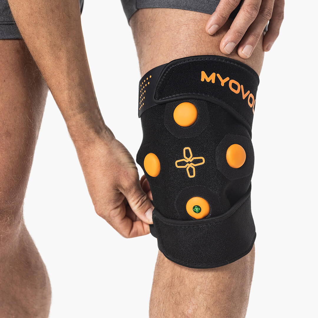 Myovolt knee vibration massage treatment. Stimulates circulation, relieves soreness and stiffness, promotes recovery of overuse injury.