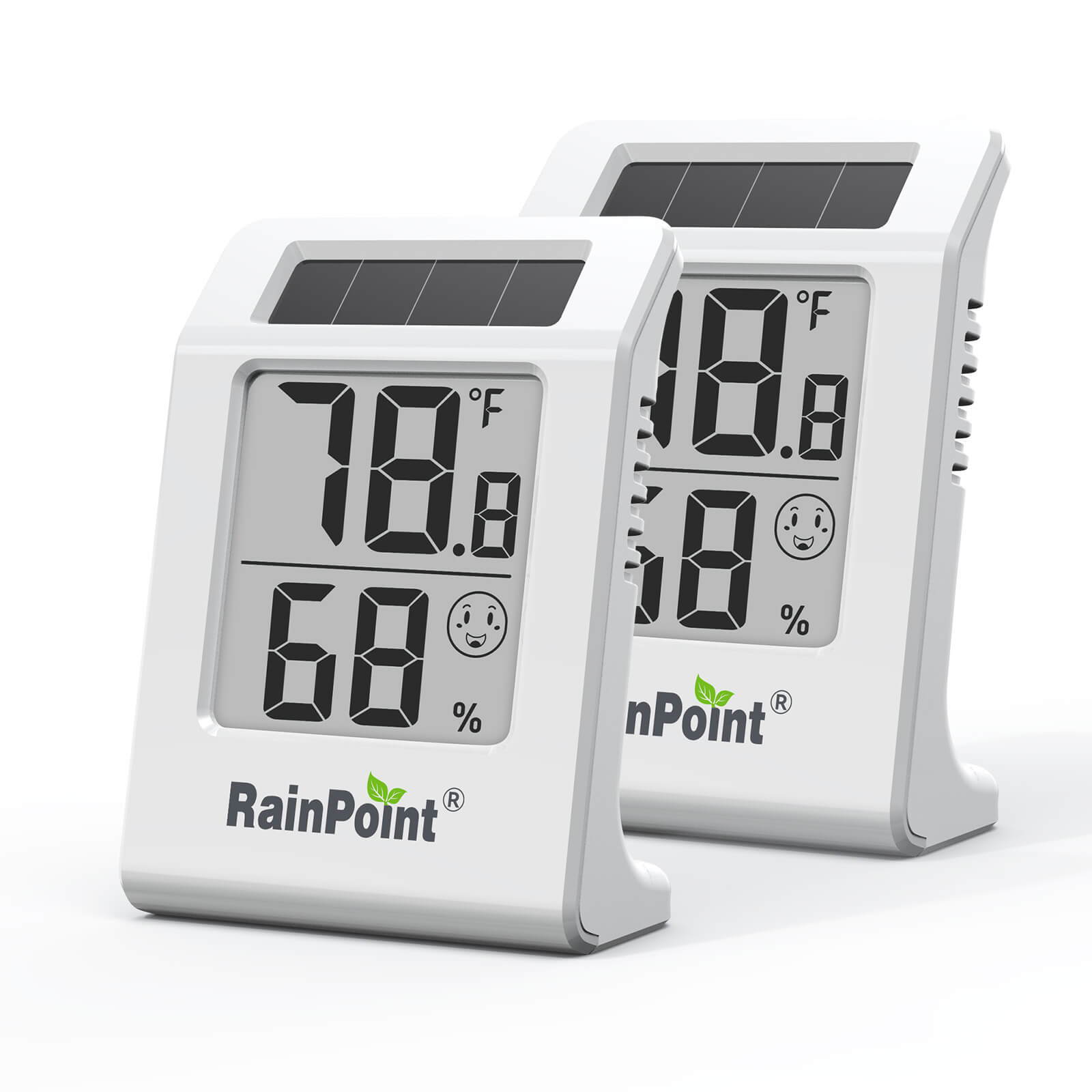 Two RainPoint digital thermometers displaying temperature and humidity readings.