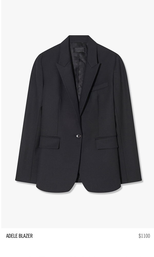 Black blazer displayed on a white background.