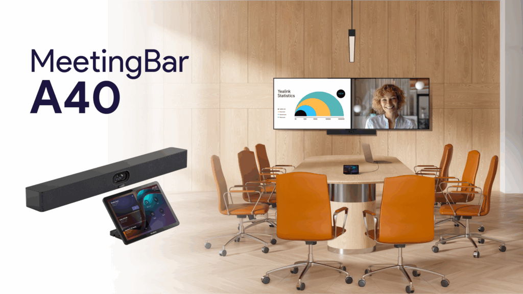 MeetingBar A40 in a modern conference room with chairs and screens.