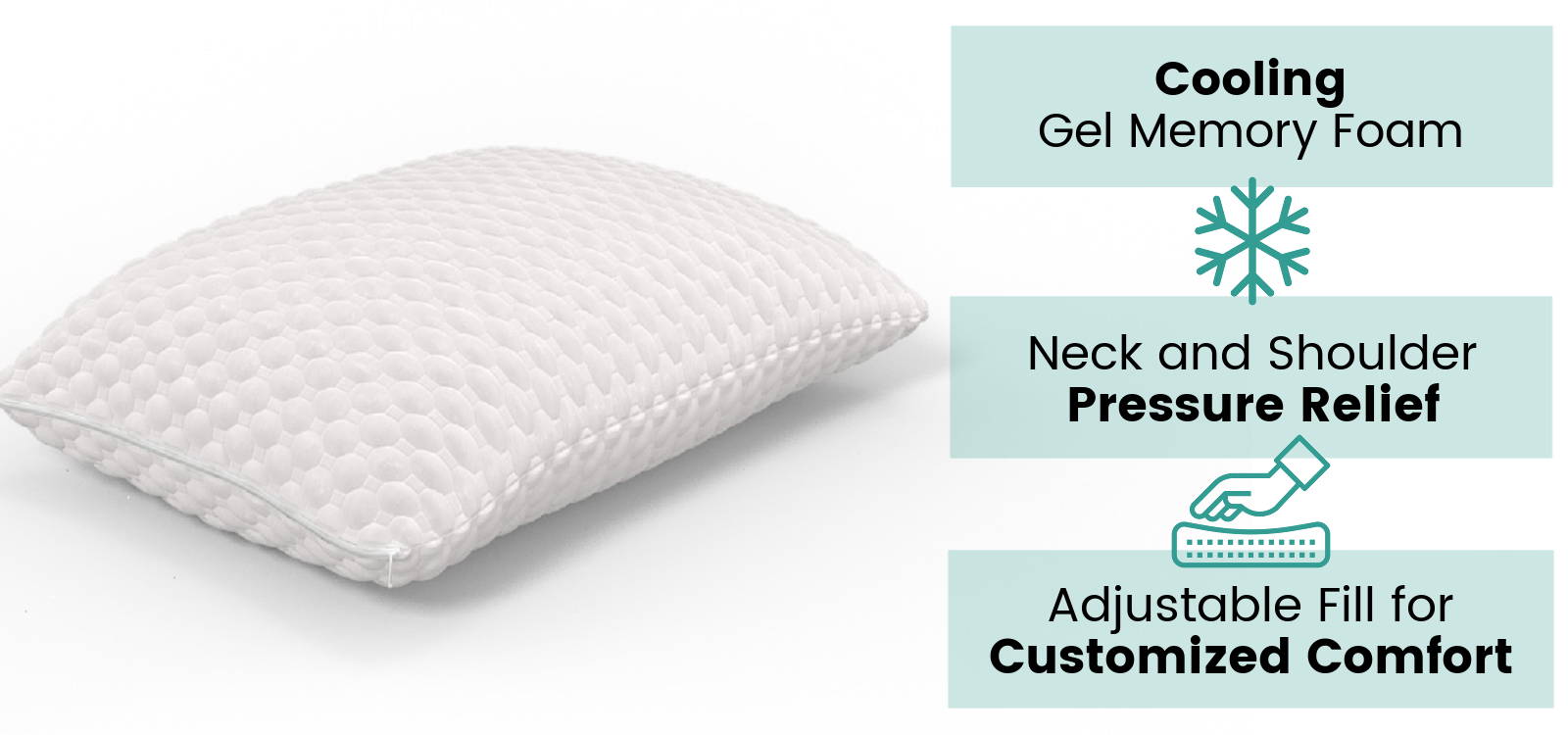 CBD infused pillow on a white background that has cooling gel memory foam, gives neck and shoulder pressure relief, and is customizable with adjustable fill for comfort.