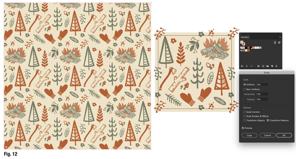 Figure 12 a repeat pattern with forest and camping motifs, the pattern is altered using the scale tool in Adobe Illustrator.