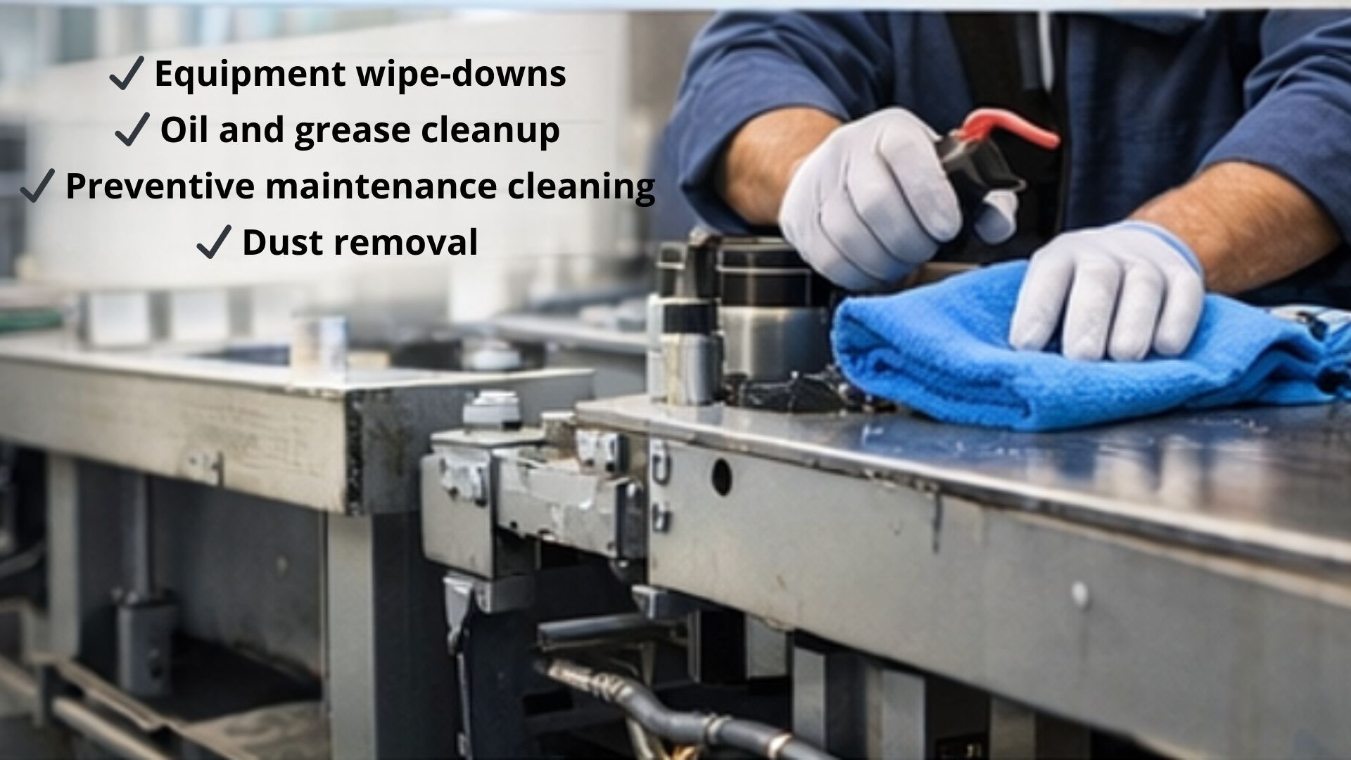 Person cleaning equipment with a blue cloth and checklist of cleaning tasks.