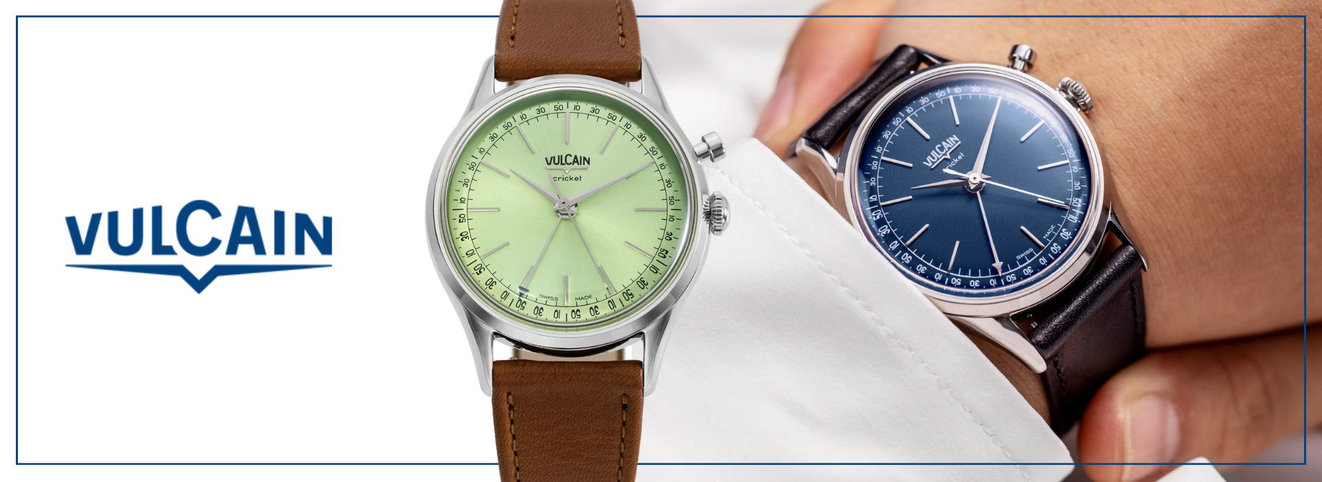 Two stylish Vulcain watches with green and blue dials.
