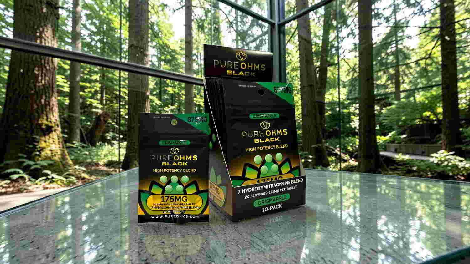 Two bags of product displayed in a forest setting.