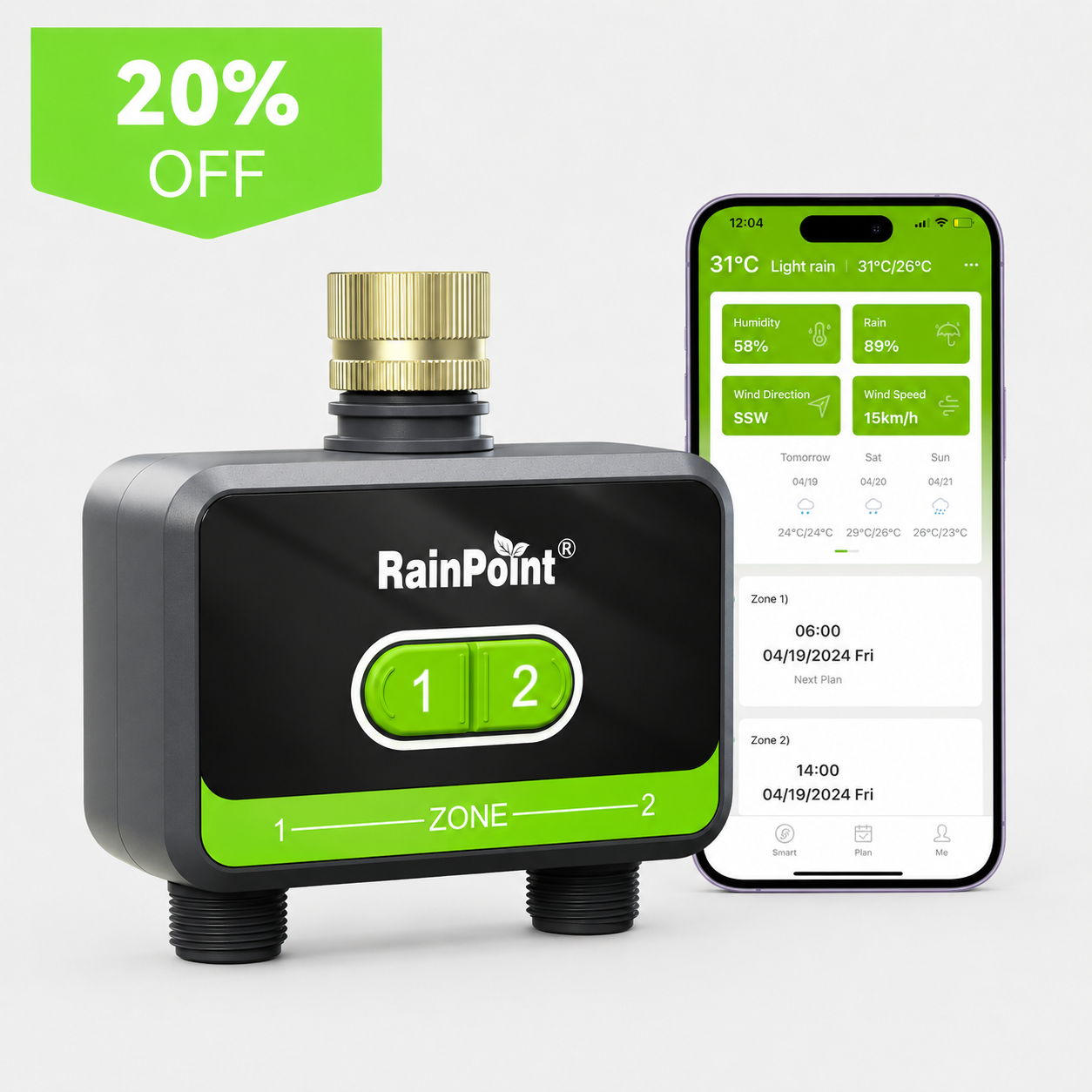 RainPoint smart irrigation device with mobile app and 20% off promotion.