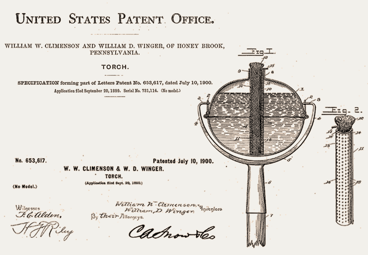 Original patent drawing of a tin torch