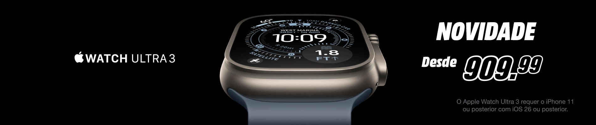 Smartwatch displayed with promotional text and pricing information.