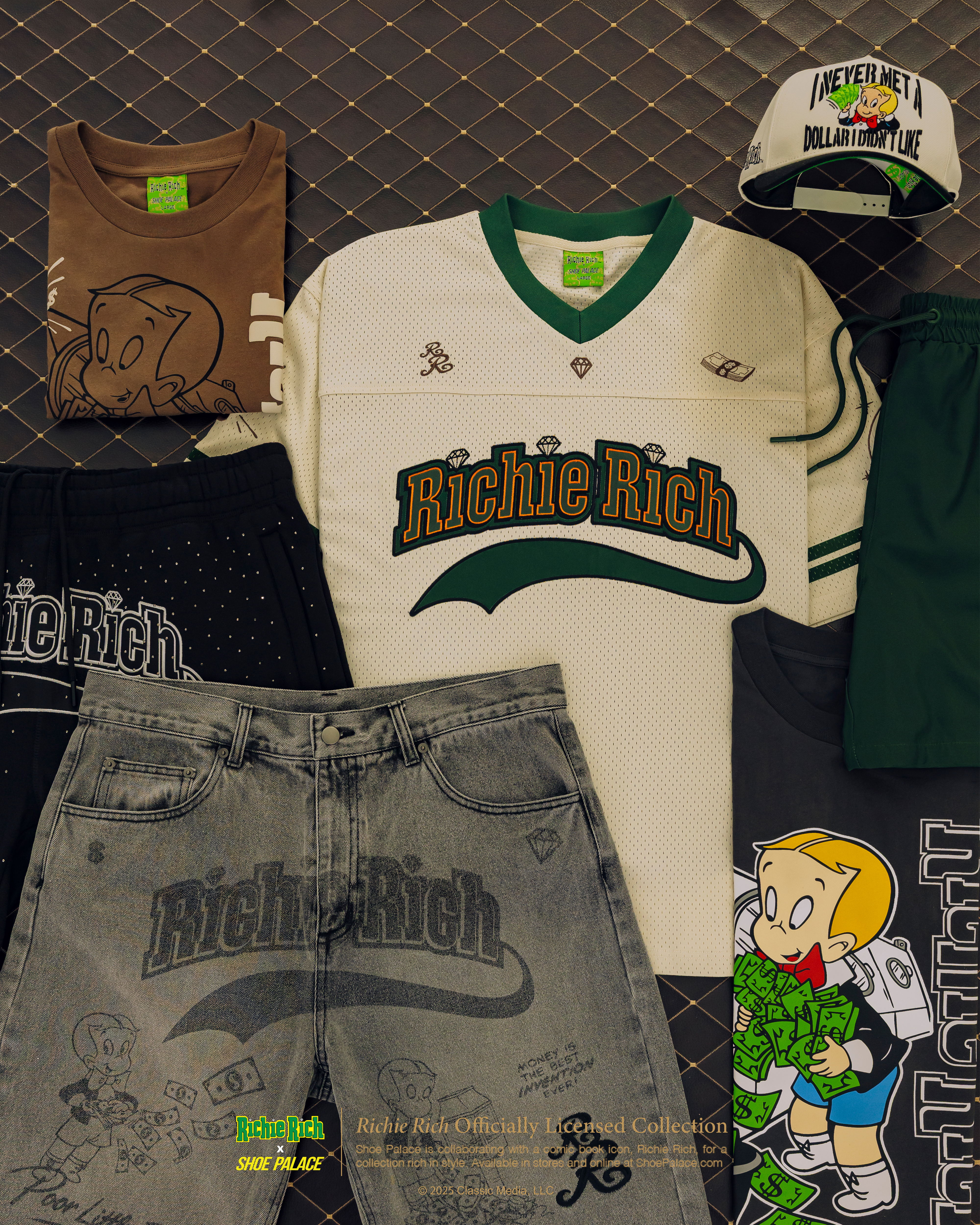 Clothing items including shirts, shorts, and a hat featuring Richie Rich branding.