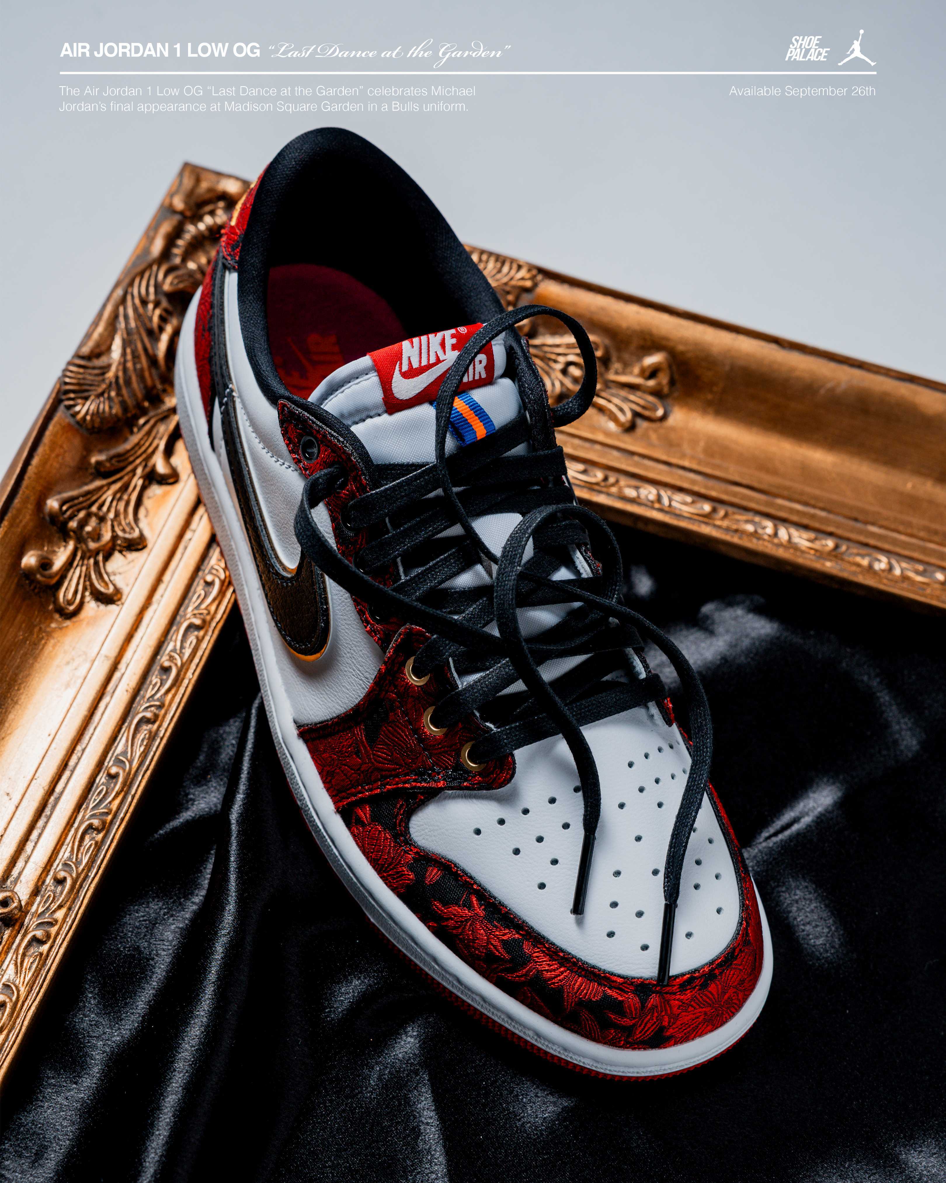 Nike sneaker displayed on a black surface with a decorative gold frame.
