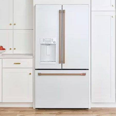 Matte white refrigerator with bronze handles