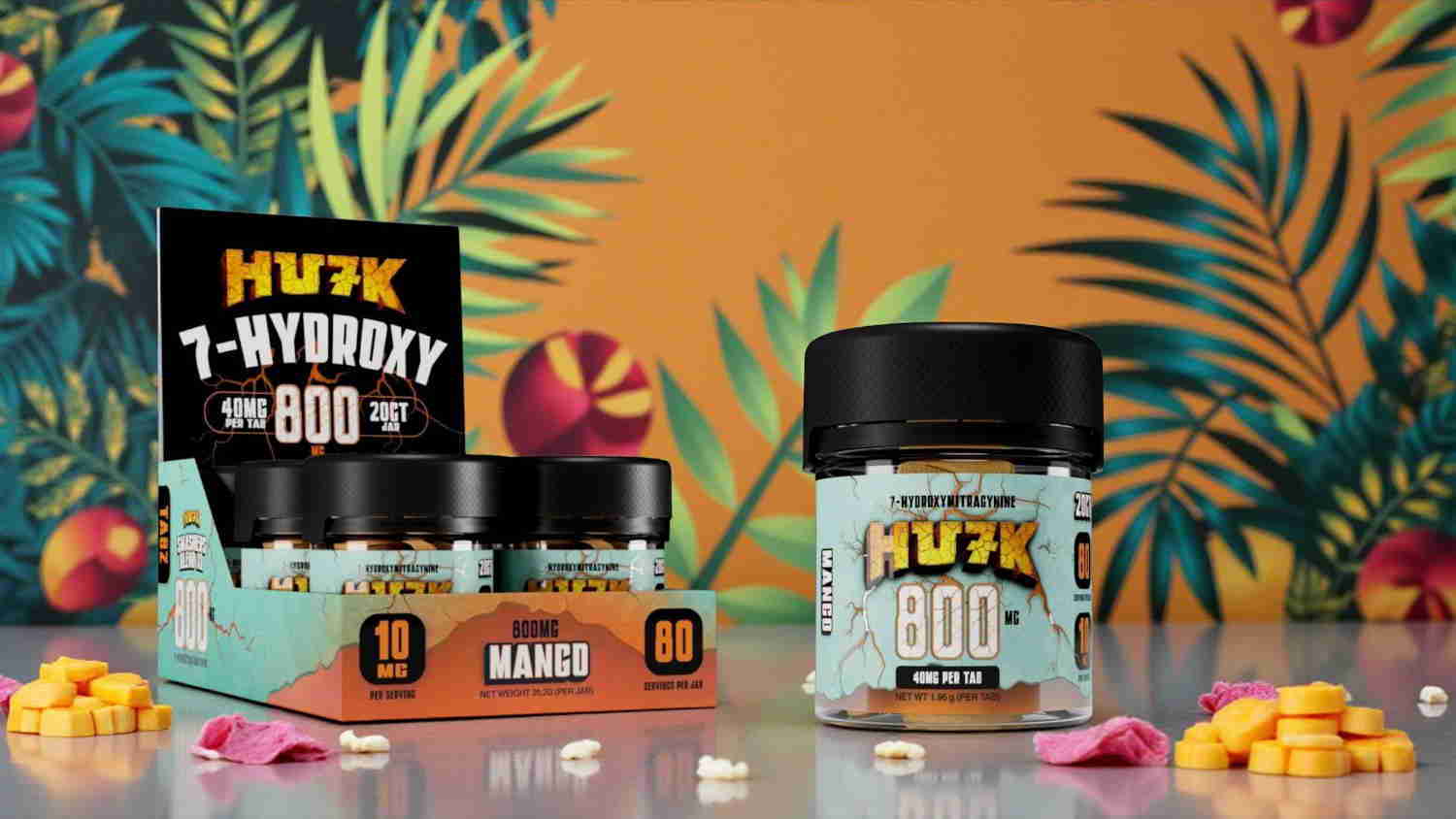 Product display of HULK 7-Hydroxy in a tropical background.