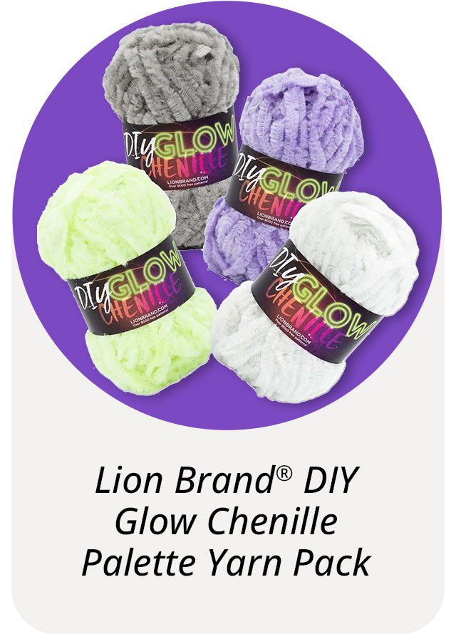 Lion Brand DIY Glow Chenille Palette Yarn Pack in various colors.