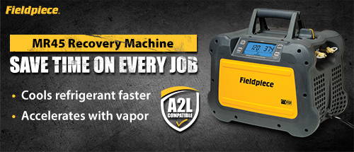 The Fieldpiece MR45 Recovery Machine saves time on every job. Cools refrigerant faster. Accelerates with vapor. A2L Compatible.